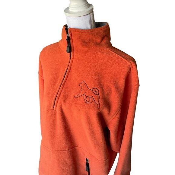 Devon & Jones Men's Sz Large Fleece Sweater Orange 2 Pockets 1/4 Zip Husky Dog - Picture 6 of 11
